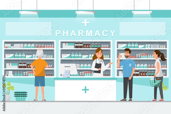 Fototapeta pharmacy with pharmacist and client in counter