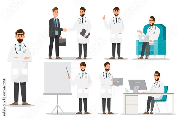 Obraz Set of doctor cartoon characters. Medical staff team concept in hospital.