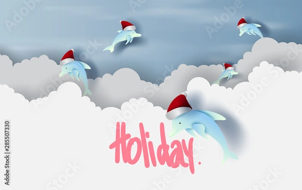Fototapeta Merry Christmas and Happy new year with  dolphin hat santa jump on air sky concept.Holiday festival party landscape.scene place of your text for card and poster.Paper cut and craft. vector.EPS10
