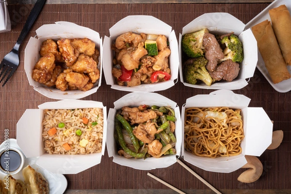 Fototapeta delivery image, american chinese food in boxes