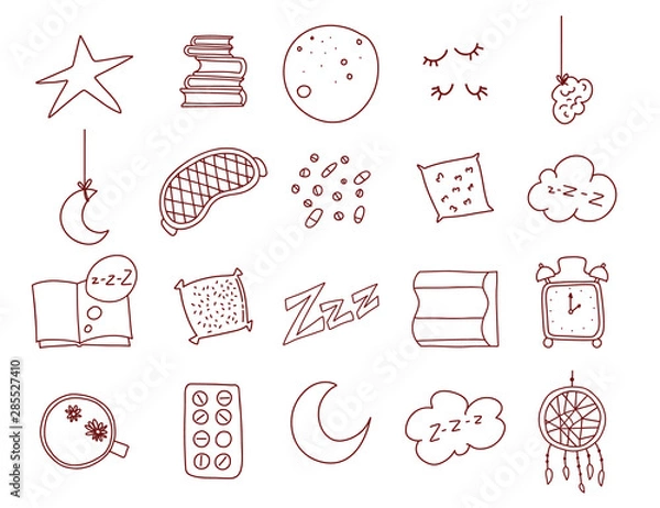 Fototapeta Insomnia thin line icons set. Outline sign of sleep. Icon collection. Simple insomnia black symbol isolated on white. Vector