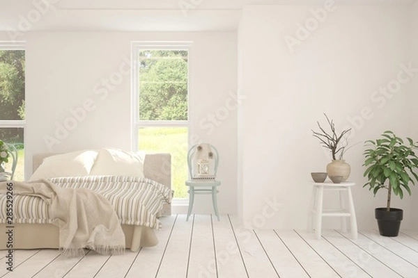 Fototapeta Stylish bedroom in white color with smmer landscape in window. Scandinavian interior design. 3D illustration