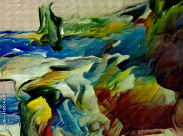 Fototapeta Abstract design pattern in happy bright colors, warm volume brush strokes on canvas, template backdrop for print flyers, banners, advertising production, invitations and cards, web graphic background