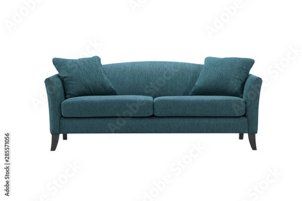 Obraz Blue fabric sofa with pillows, isolated on white background with clipping path.
