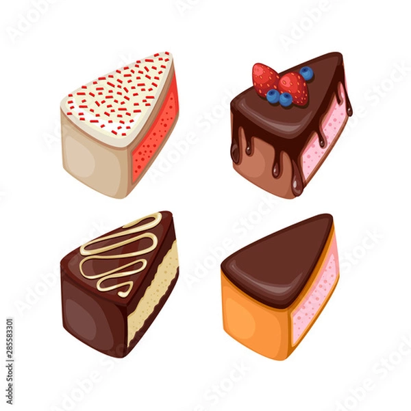 Fototapeta Set of colorful desserts with forest fruits. Chocolate cakes with different fillings. Vector illustration.