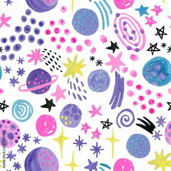 Fototapeta Watercolor cartoon planets, stars, comets, galaxy in bright trendy colors