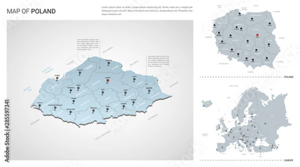 Obraz Wektor zestaw kraju Polska. Izometryczna mapa 3d, mapa Polski, mapa Europy - z regionem, nazwami państw i nazwami miast.