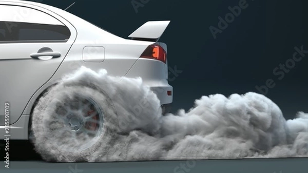 Fototapeta Side view close-up of a car driving out. smoke comes from under the wheels. 3d render