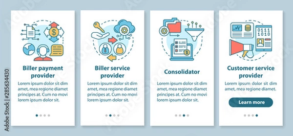 Fototapeta Billing services onboarding mobile app page screen with linear concepts. Biller payment, advice provider. Four walkthrough steps graphic instructions. UX, UI, GUI vector template with illustrations