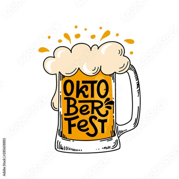 Fototapeta Oktoberfest in Bavaria. Vector flat color illustration for German beer festival in Munich. Hand Drawn Lettering with picture of beer mug with foam. For poster, menu, postcard, flyer, badge., magnet