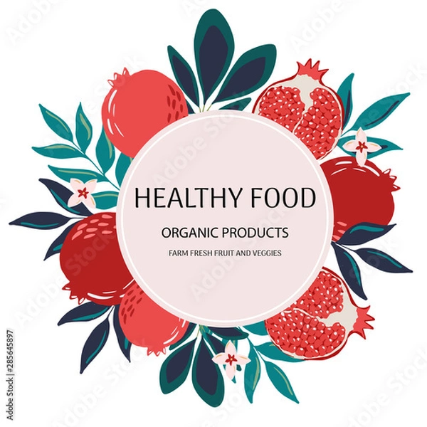Fototapeta Fruit background in modern hand drawn trendy style. Pomegranates illustration and round label badge.Design template, frame, card, banner. Vector illustration, isolated on white.