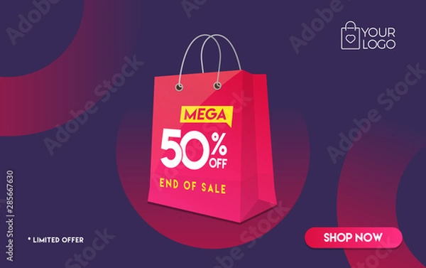 Fototapeta 50 percent off Shopping bag Mega Discount sale Colorful minimal gradient vector illustration banner