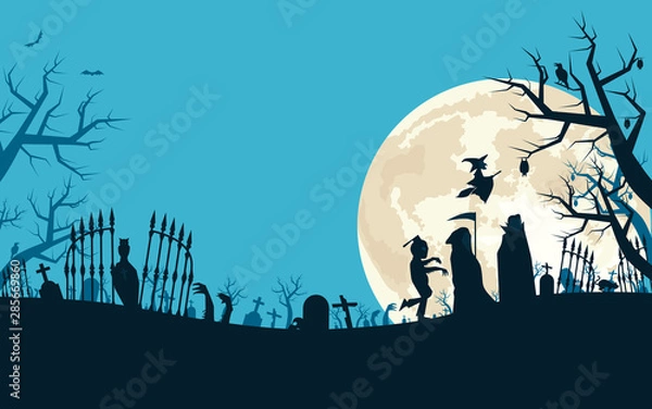 Fototapeta Halloween background with vampire, grim reaper, zombies and witch in graveyard and the full moon. Vector illustration.