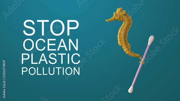 Fototapeta Render sculpt 3d Side view of a Common yellow Seahorse with swabs. Stop ocean plastic pollution. Composed of white plastic waste bag, bottle on blue background. Plastic problem.