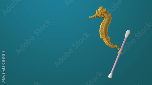 Fototapeta Render sculpt 3d Side view of a Common yellow Seahorse with swabs. Stop ocean plastic pollution. Composed of white plastic waste bag, bottle on blue background. Plastic problem.