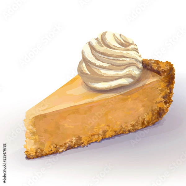 Fototapeta Vector piece of "a la mode" pumpkin cheesecake with ice cream, tender, delicate creamy-curd cheese. Crisp, crumbly cake with back, appetizing, realistic, homemade cakes, hand drawn. Tasty, cottage