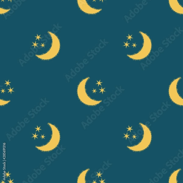 Fototapeta Seamless pattern of moon with stars. Endless vector illustration of yellow crescent and three stars on blue background.