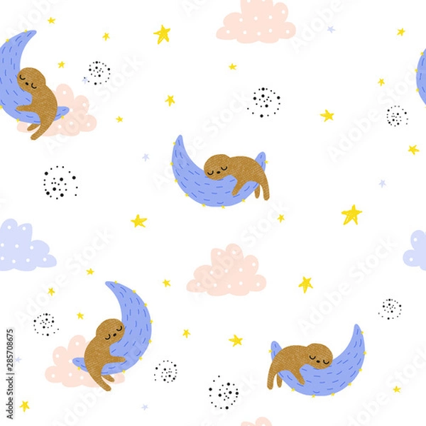 Fototapeta Seamless pattern with sleeping sloth on the moon. Kids cute print. Vector hand drawn illustration.