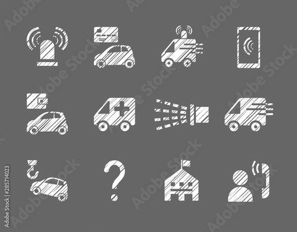 Fototapeta Emergency service, monochrome icons, hatching, white, vector.  Simulated pencil hatching. Emergency medical and fire assistance, reference services. White pictures on a gray background.