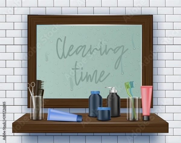 Fototapeta Dirty Mirror on Bathroom Wall. Cleaning Time.