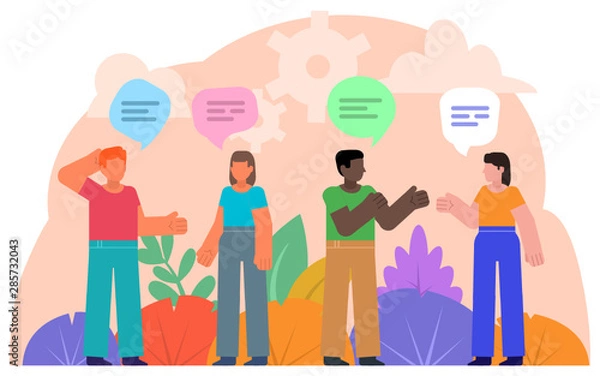 Fototapeta Communicate, discuss, team brainstorm. People chatting, talking. Poster for social media, web page, banner, presentation. Flat design vector illustration