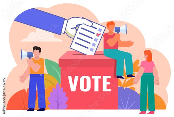 Fototapeta Vote, election concept. People stand near big voting box. Poster for social media, web page, banner, presentation. Flat design vector illustration