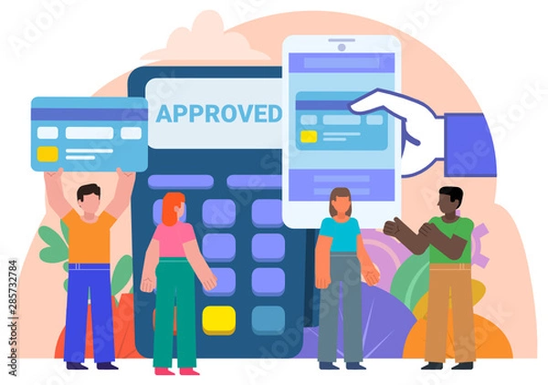 Fototapeta POS terminal payment, mobile phone transaction. People stand near big POS terminal, smartphone. Poster for social media, web page, banner, presentation. Flat design vector illustration