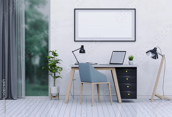 Fototapeta 3D render interior living room workspace with laptop computer and mockup blank poster