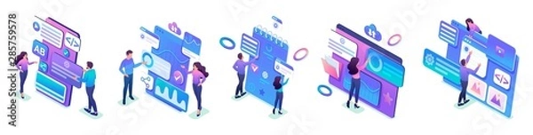 Fototapeta Izometryczne zbiory koncepcji pracy młodych ludzi na ekranach smartfonów. Jasny projekt dla koncepcji reklamowych i tworzenia projektów internetowych