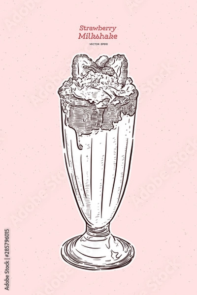 Fototapeta Strawberry milkshake, hand draw sketch vector.