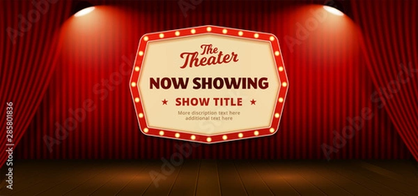 Fototapeta Now Showing retro classic sign board background design. red theater stage curtain backdrop with wooden floor base and double bright spotlight lamp vector illustration. poster banner template.