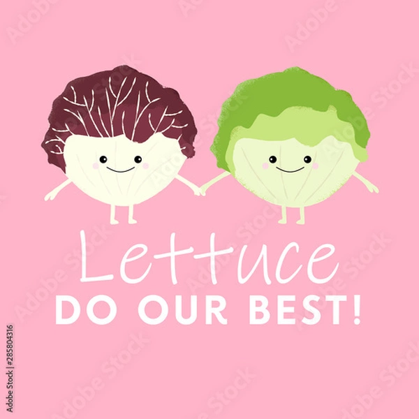 Fototapeta Vector illustration of two cute kawaii lettuces holding hands. Lettuce Do Our Best. Cute food pun concept.