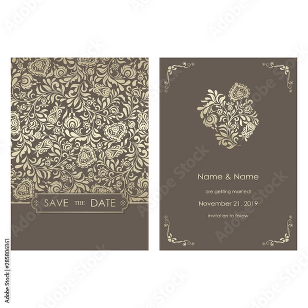 Fototapeta Wedding  Invitation  and save the date card baroque style. Size: 5" x 7". Vintage  Pattern. Retro Victorian ornament. Frame with flowers elements. Vector illustration.