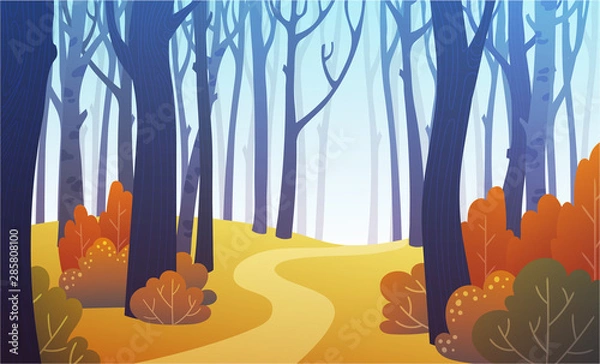 Obraz Landscape of forest path in autumn with orange bushes and blue trees. Background illustration in vector.