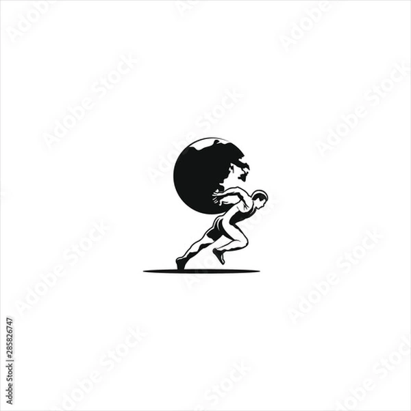 Fototapeta atlas logo template retro walking man carry earth globe vector illustration in black color. 