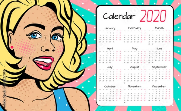 Fototapeta A calendar for 2020 in the style of pop art with a sexy  woman with squinted eyes and open mouth. background in comic style retro pop art.