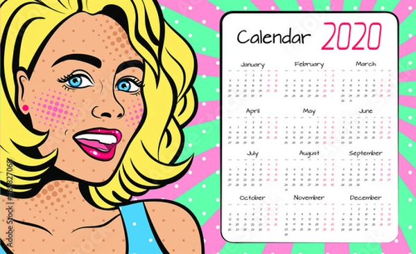 Fototapeta A calendar for 2020 in the style of pop art with a sexy  woman with squinted eyes and open mouth. Vector background in comic style retro pop art.