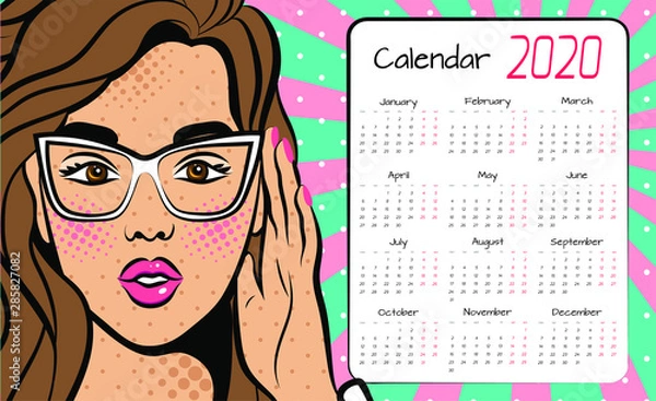 Fototapeta A calendar for 2020 in the style of pop art with a sexy  woman with squinted eyes and open mouth. Vector background in comic style retro pop art.