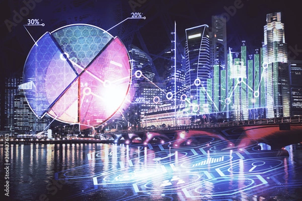 Fototapeta Financial chart on city scape with tall buildings background multi exposure. Analysis concept.