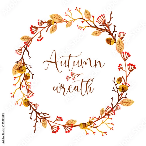 Fototapeta Hand-drawn yellow autumn circle wreath with branches, golden leaves, acorns and berries