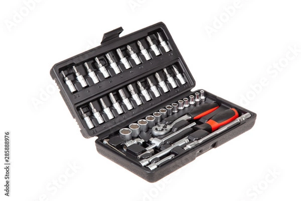 Fototapeta Tool set for machine repair, isolated on white. Car toolbox