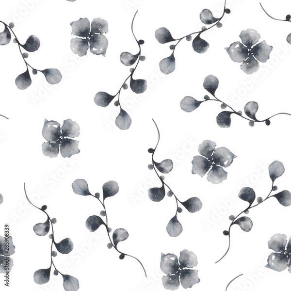 Obraz Watercolor pattern with gray vintage flowers, leaves and twigs. Ideal for cards and invitations.