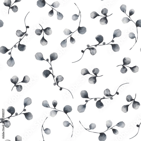 Obraz Watercolor pattern with gray vintage flowers, leaves and twigs. Ideal for cards and invitations.