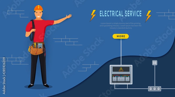 Fototapeta Vector Illustration of Electrical service. Horizontal banner with cartoon electrician in red uniform with work tool bag, holding cable and standing near electric panel with sockets.
