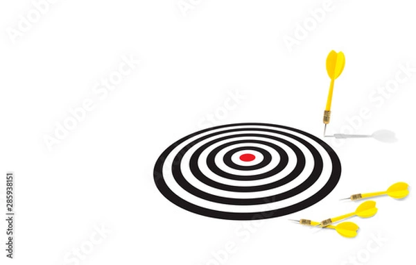 Fototapeta Yellow dart miss out the target with many darts lay down on the white floor, do not miss the best oppotunity concept, great oppotunity do not come everyday do your best concept