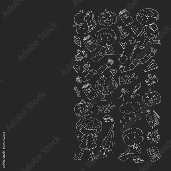 Fototapeta Back to school vector pattern. Education icons for children.