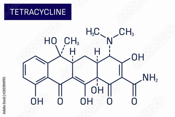 Obraz Tetracycline skeletal structure – a broad spectrum antibiotic drug. Vector illustration of chemical formula C22H24N2O8.