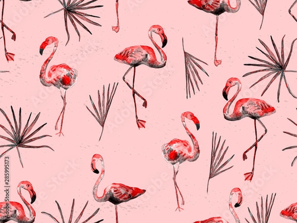 Fototapeta Large flamingo red hawaiian seamless pattern.