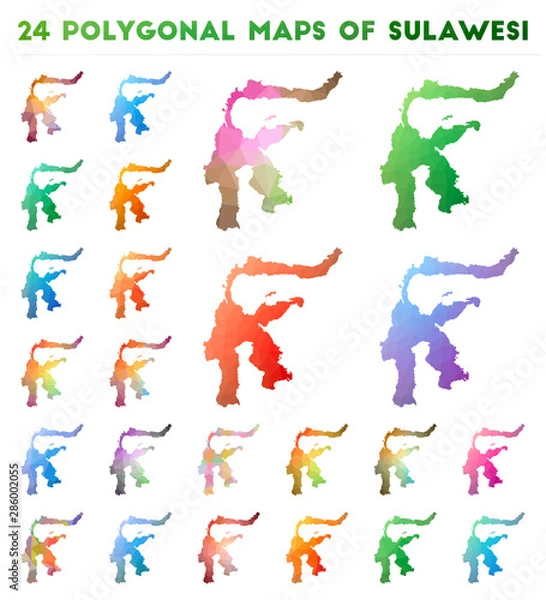 Obraz Set of vector polygonal maps of Sulawesi. Bright gradient map of the island in low poly style. Multicolored Sulawesi map in geometric style for your infographics.