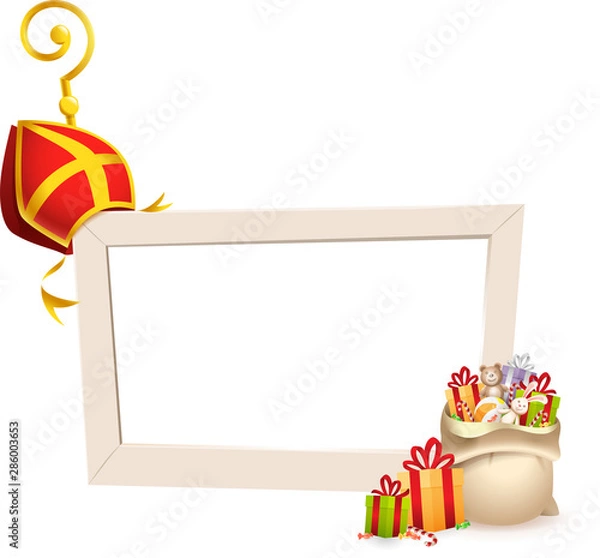 Fototapeta Saint Nicholas or Sinterklaas theme frame with golden crosier stick mitre and gifts - social media frame isolated on transparent background
